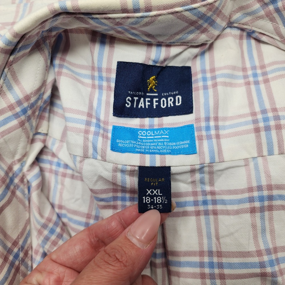 Stafford Button Down Shirt Mens XXL White Blue Burgundy Plaid Coolmax Regular - Picture 6 of 9